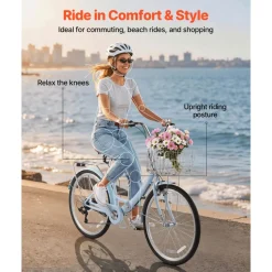VEVOR Women Bike, 26 in Folding Beach Cruiser Bike, 7-Speed Adult City Bicycle with Steel Frame, 330 lbs Capacity, Basket, Rear Rack & Dual V-Brakes, Light Blue