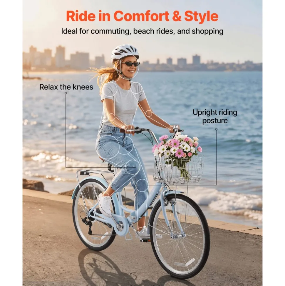 VEVOR Women Bike, 26 in Folding Beach Cruiser Bike, 7-Speed Adult City Bicycle with Steel Frame, 330 lbs Capacity, Basket, Rear Rack & Dual V-Brakes, Light Blue