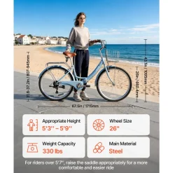 VEVOR Women Bike, 26 in Folding Beach Cruiser Bike, 7-Speed Adult City Bicycle with Steel Frame, 330 lbs Capacity, Basket, Rear Rack & Dual V-Brakes, Light Blue