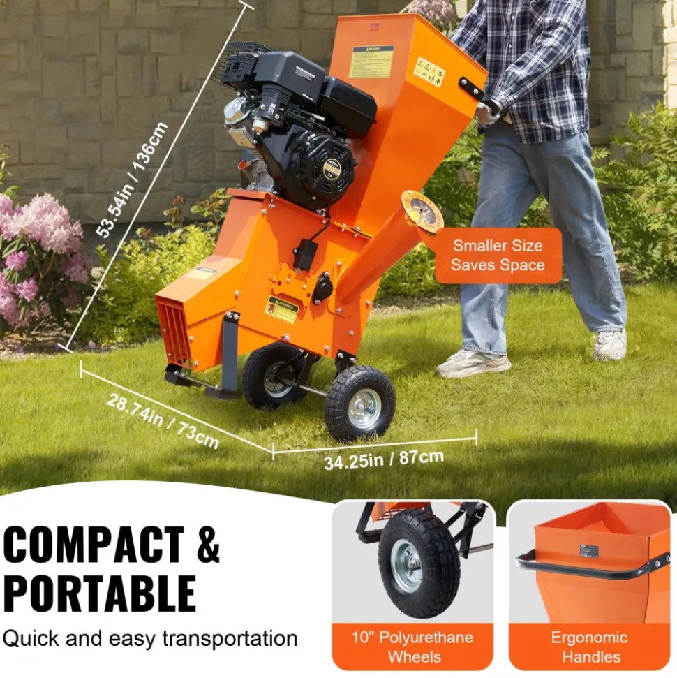 VEVOR Wood Chipper Shredder Mulcher, 12 HP Heavy Duty Gas Powered, 2” Max Diameter 420cc 8.6 kW Engine Woodchipper, Fast Wood Chipping Chopping for Forestry, Gardens, Landscaping, CE/EMC/EPA Listed