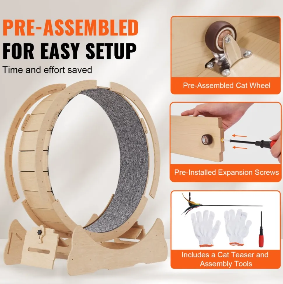 VEVOR Wooden Cat Exercise Wheel, 52" Large Cat Treadmill Wheel for Indoor Cats, Cat Running Wheel with Detachable Carpet & Cat Teaser for Running/Walking/Training, Suitable for Most Cats