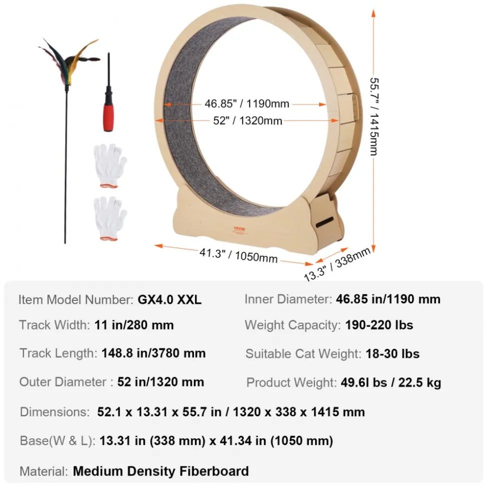 VEVOR Wooden Cat Exercise Wheel, 52" Large Cat Treadmill Wheel for Indoor Cats, Cat Running Wheel with Detachable Carpet & Cat Teaser for Running/Walking/Training, Suitable for Most Cats