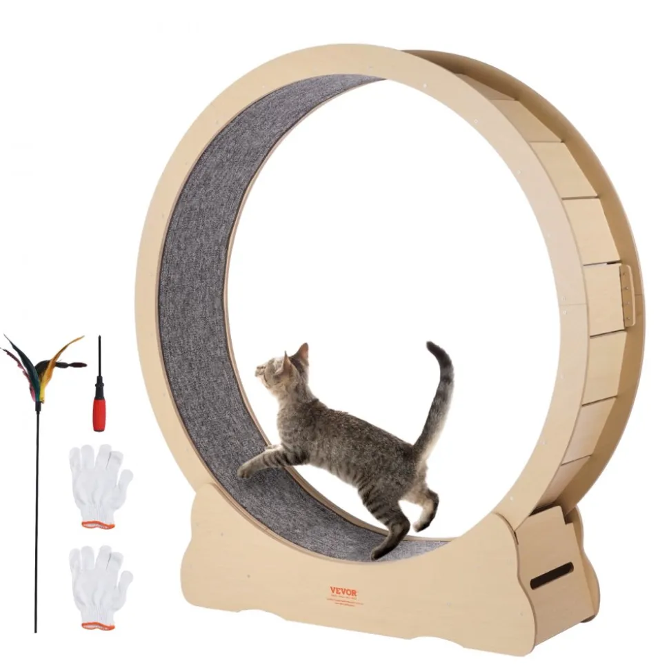 VEVOR Wooden Cat Exercise Wheel, 52" Large Cat Treadmill Wheel for Indoor Cats, Cat Running Wheel with Detachable Carpet & Cat Teaser for Running/Walking/Training, Suitable for Most Cats