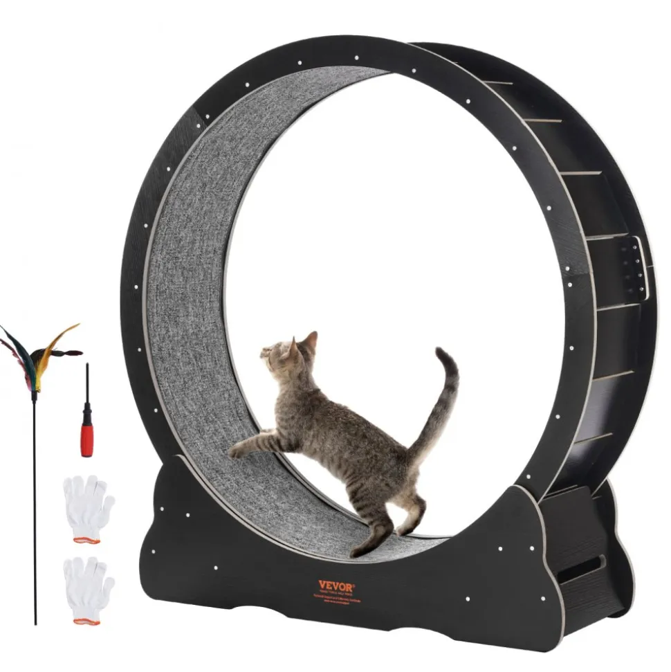 VEVOR Wooden Cat Exercise Wheel, 43.3" Large Cat Treadmill Wheel for Indoor Cats, Cat Running Wheel with Detachable Carpet & Cat Teaser for Running/Walking/Training, Suitable for Most Cats Black