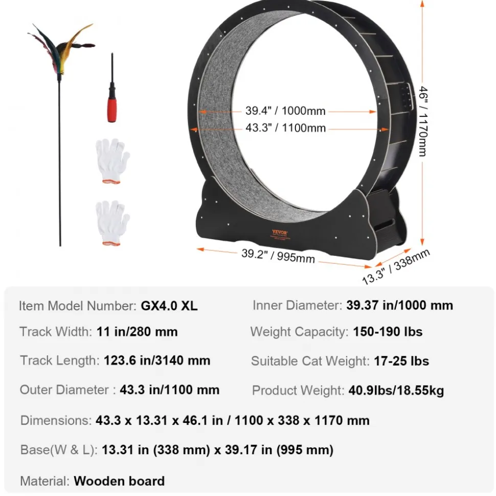 VEVOR Wooden Cat Exercise Wheel, 43.3" Large Cat Treadmill Wheel for Indoor Cats, Cat Running Wheel with Detachable Carpet & Cat Teaser for Running/Walking/Training, Suitable for Most Cats Black