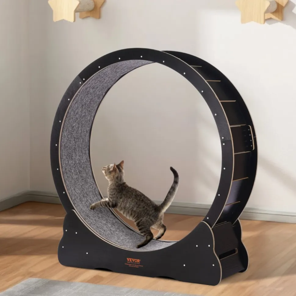 VEVOR Wooden Cat Exercise Wheel, 43.3" Large Cat Treadmill Wheel for Indoor Cats, Cat Running Wheel with Detachable Carpet & Cat Teaser for Running/Walking/Training, Suitable for Most Cats Black