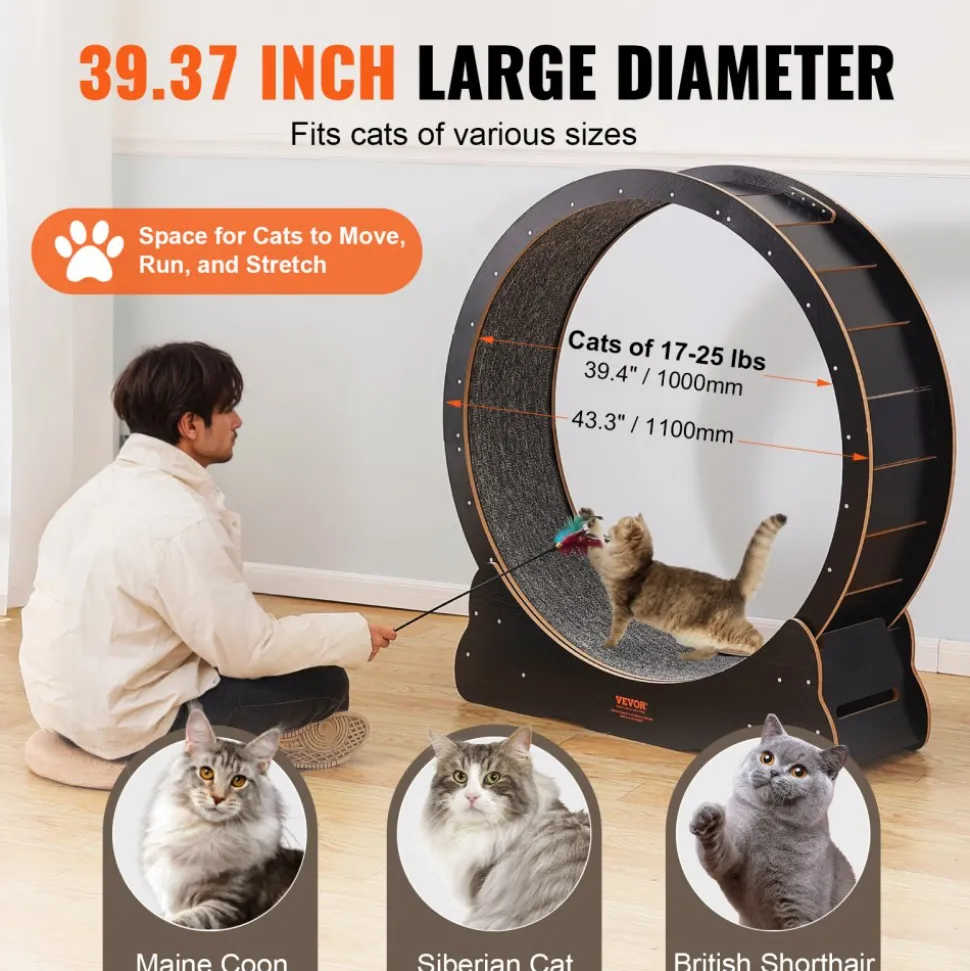 VEVOR Wooden Cat Exercise Wheel, 43.3" Large Cat Treadmill Wheel for Indoor Cats, Cat Running Wheel with Detachable Carpet & Cat Teaser for Running/Walking/Training, Suitable for Most Cats Black