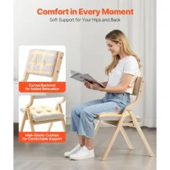 VEVOR Wooden Folding Chairs with Cushion, Set of 4, Portable Foldable Cushion Chair with Wooden Frame, Modern Padded Dining Chair for Kitchen, Office, Wedding, Party, Dining Room, Easy Assembly, Beige
