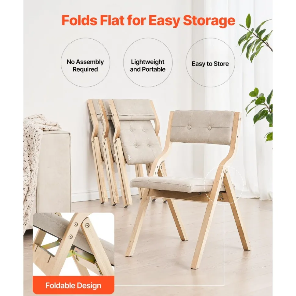 VEVOR Wooden Folding Chairs with Cushion, Set of 4, Portable Foldable Cushion Chair with Wooden Frame, Modern Padded Dining Chair for Kitchen, Office, Wedding, Party, Dining Room, Easy Assembly, Beige
