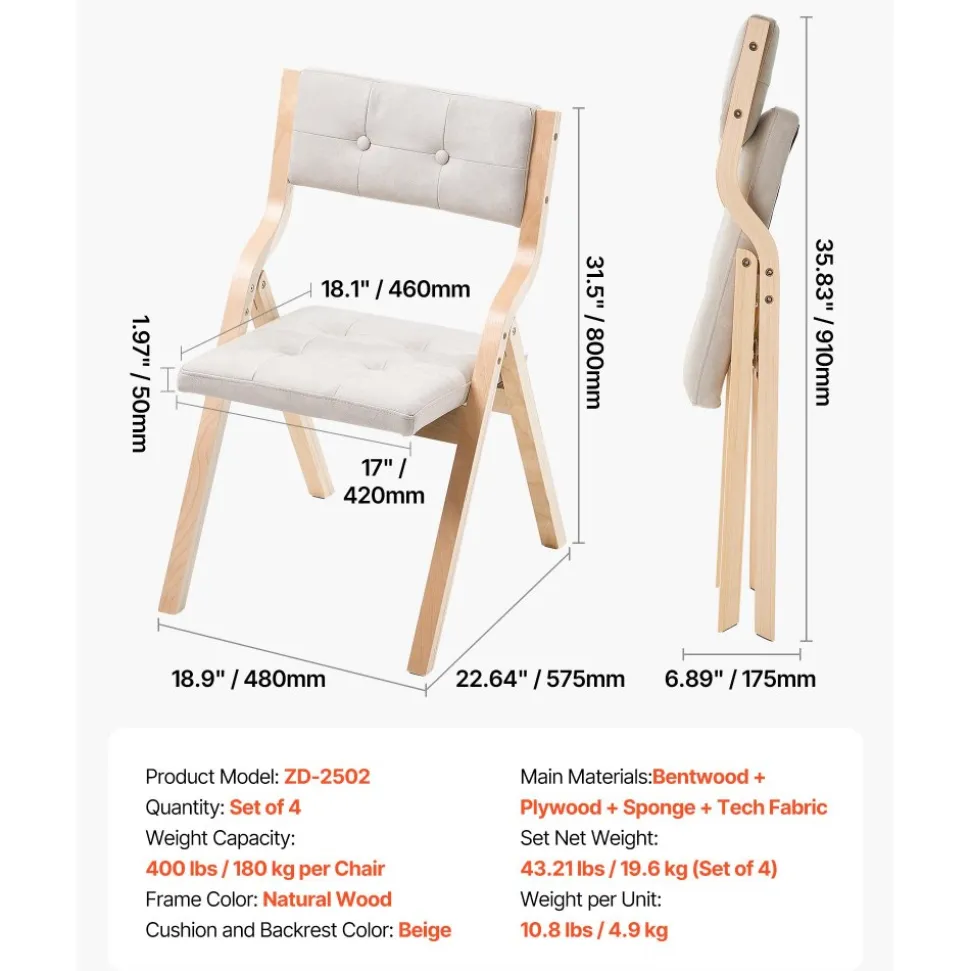 VEVOR Wooden Folding Chairs with Cushion, Set of 4, Portable Foldable Cushion Chair with Wooden Frame, Modern Padded Dining Chair for Kitchen, Office, Wedding, Party, Dining Room, Easy Assembly, Beige
