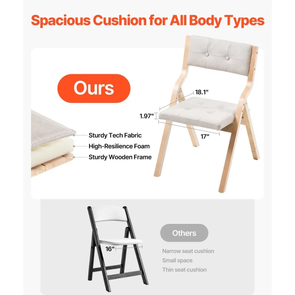 VEVOR Wooden Folding Chairs with Cushion, Set of 4, Portable Foldable Cushion Chair with Wooden Frame, Modern Padded Dining Chair for Kitchen, Office, Wedding, Party, Dining Room, Easy Assembly, Beige