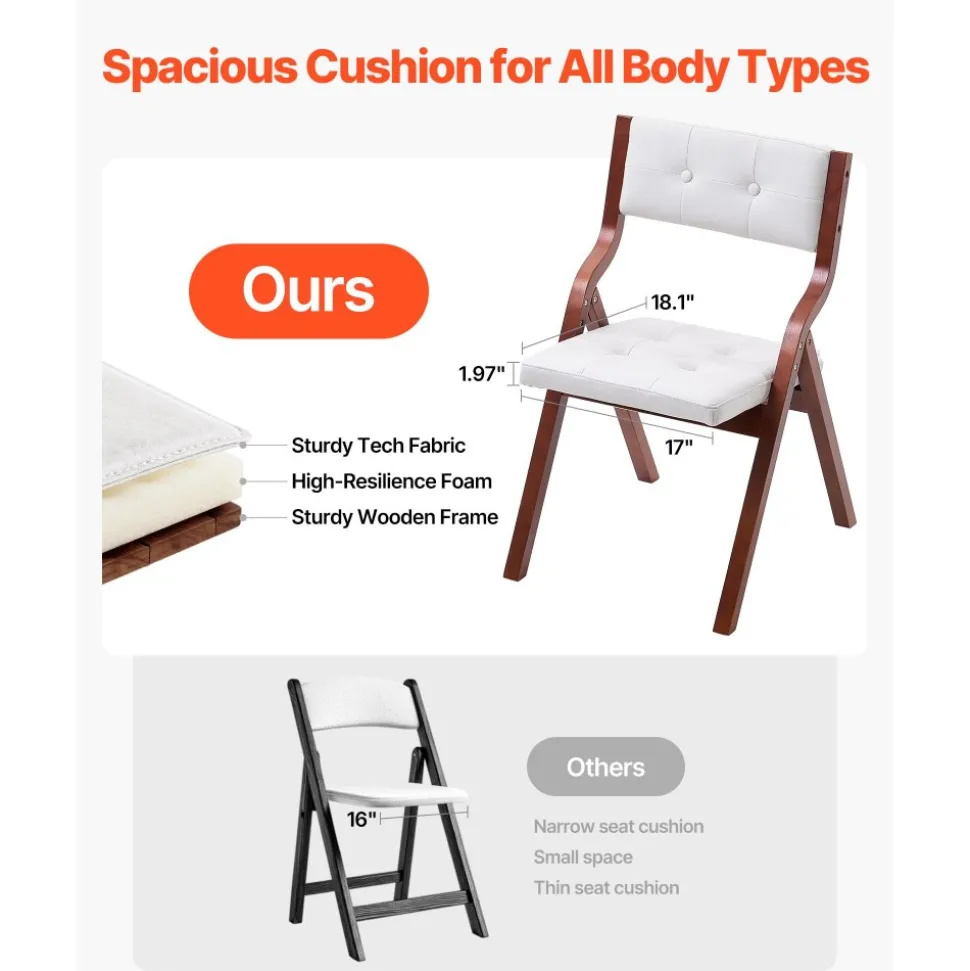 VEVOR Wooden Folding Chairs with Cushion, Set of 2, Portable Foldable Cushion Chair with Wooden Frame, Modern Padded Dining Chair for Kitchen, Office, Wedding, Party, Dining Room, Easy Assembly, White
