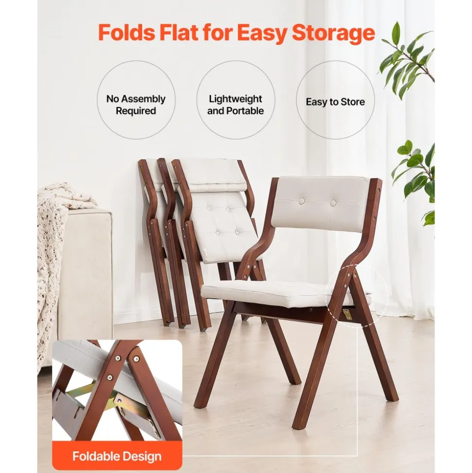VEVOR Wooden Folding Chairs with Cushion, Set of 2, Portable Foldable Cushion Chair with Wooden Frame, Modern Padded Dining Chair for Kitchen, Office, Wedding, Party, Dining Room, Easy Assembly, White