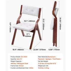 VEVOR Wooden Folding Chairs with Cushion, Set of 2, Portable Foldable Cushion Chair with Wooden Frame, Modern Padded Dining Chair for Kitchen, Office, Wedding, Party, Dining Room, Easy Assembly, White
