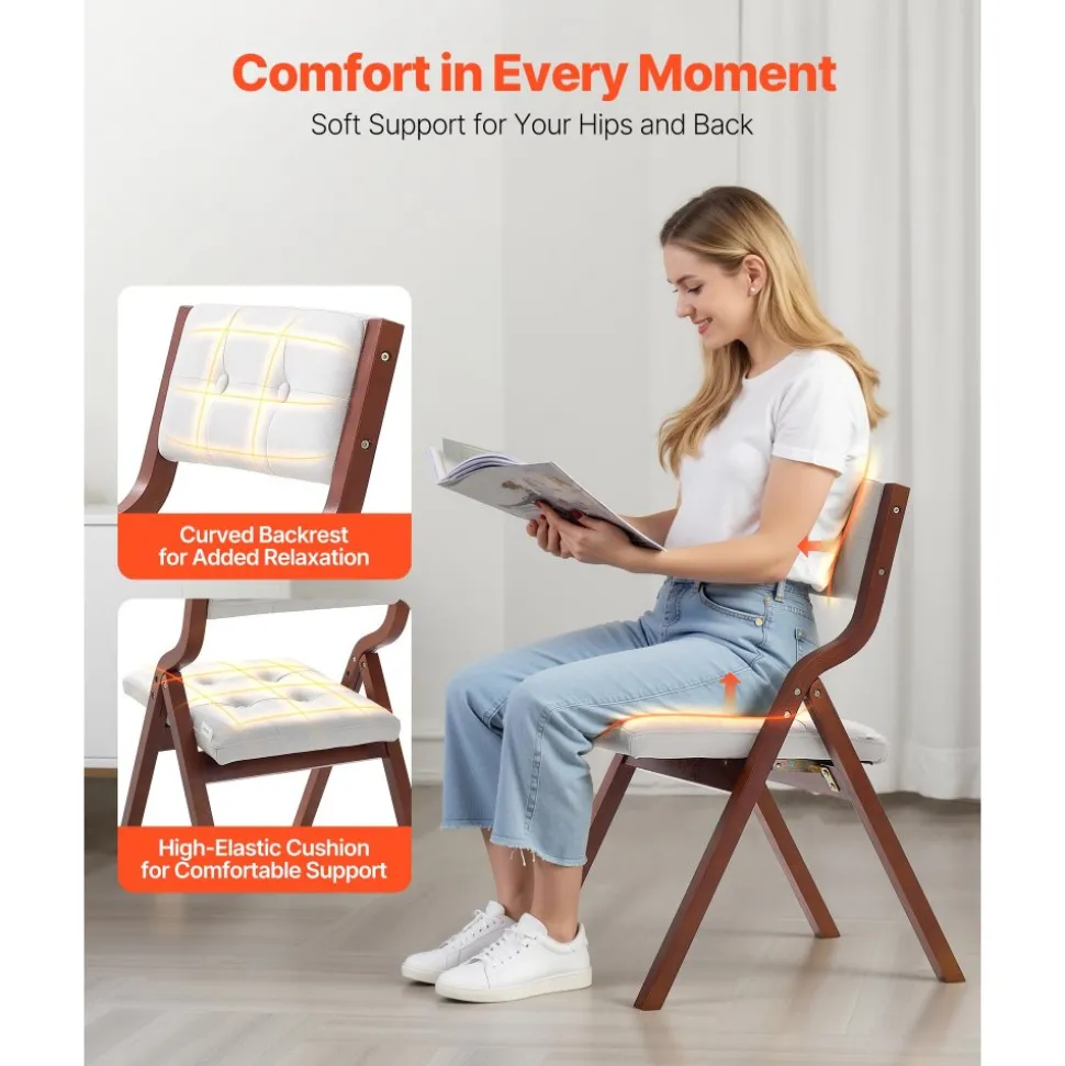 VEVOR Wooden Folding Chairs with Cushion, Set of 2, Portable Foldable Cushion Chair with Wooden Frame, Modern Padded Dining Chair for Kitchen, Office, Wedding, Party, Dining Room, Easy Assembly, White
