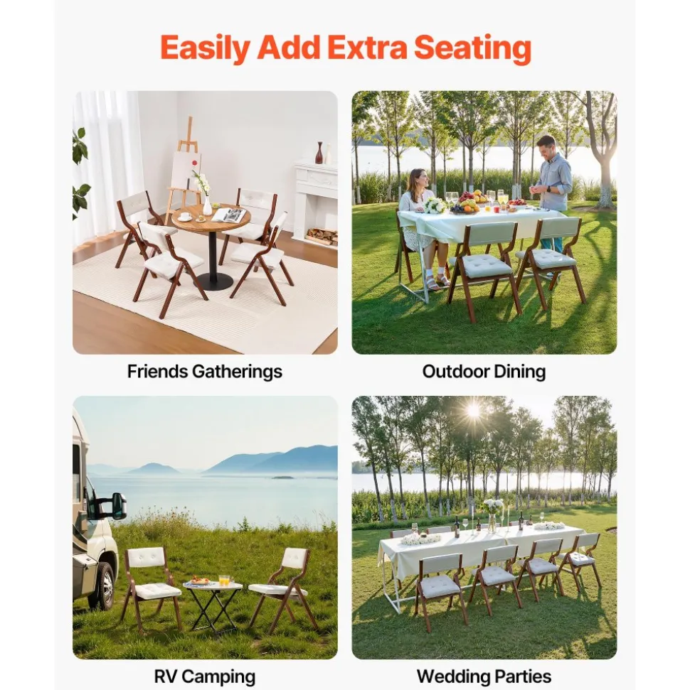 VEVOR Wooden Folding Chairs with Cushion, Set of 2, Portable Foldable Cushion Chair with Wooden Frame, Modern Padded Dining Chair for Kitchen, Office, Wedding, Party, Dining Room, Easy Assembly, White
