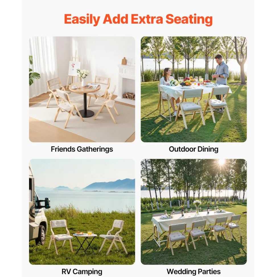 VEVOR Wooden Folding Chairs with Cushion, Set of 2, Portable Foldable Cushion Chair with Wooden Frame, Modern Padded Dining Chair for Kitchen, Office, Wedding, Party, Dining Room, Easy Assembly, Beige