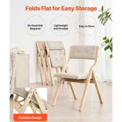 VEVOR Wooden Folding Chairs with Cushion, Set of 2, Portable Foldable Cushion Chair with Wooden Frame, Modern Padded Dining Chair for Kitchen, Office, Wedding, Party, Dining Room, Easy Assembly, Beige