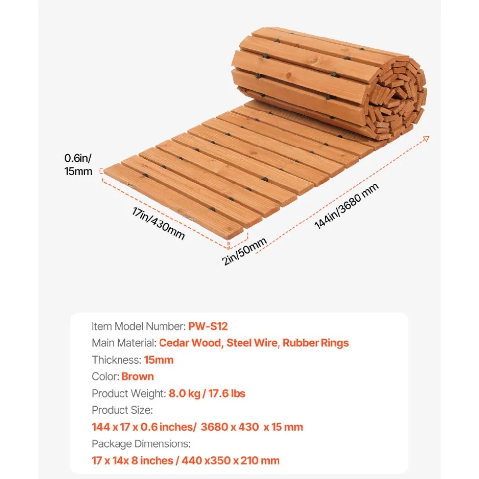 VEVOR Wooden Garden Pathway, 12 ft L x 17 in W, Non-Slip Straight Garden Walkway, Roll Out Cedar Outdoor Walkway Path with Wire Rope Connection, Decorative Garden Paver for Backyard Wedding Party