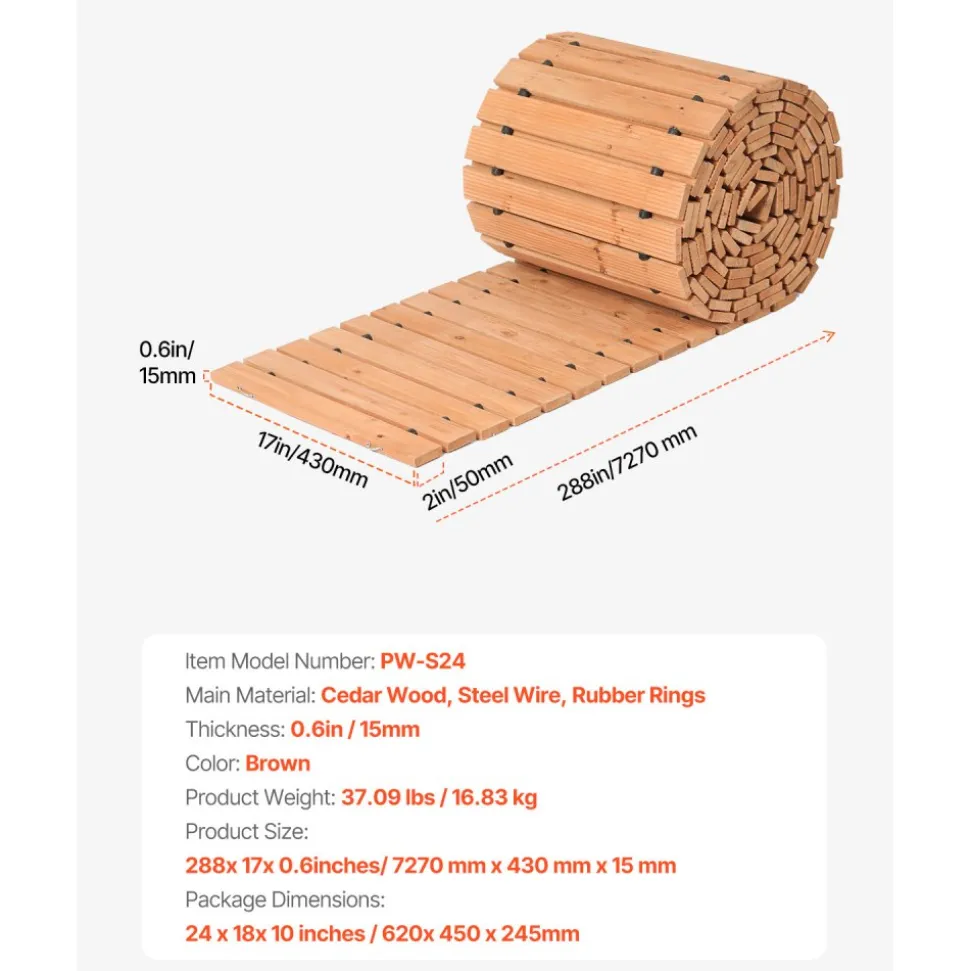 VEVOR Wooden Garden Pathway, 24 ft L x 17 in W, Non-Slip Straight Garden Walkway, Roll Out Cedar Outdoor Walkway Path with Wire Rope Connection, Decorative Garden Paver for Backyard Wedding Party