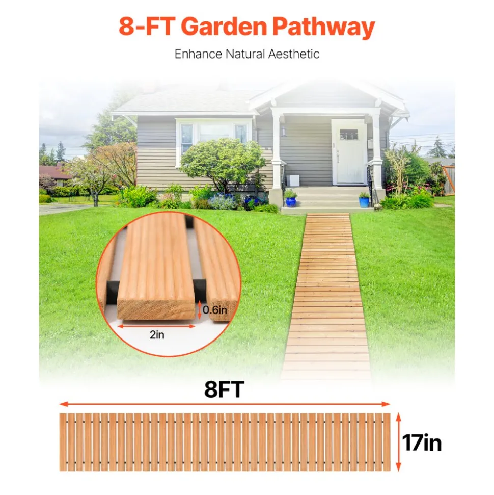 VEVOR Wooden Garden Pathway, 8 ft L x 17 in W, Non-Slip Straight Garden Walkway, Roll Out Cedar Outdoor Walkway Path with Wire Rope Connection, Decorative Garden Paver for Backyard Wedding Party