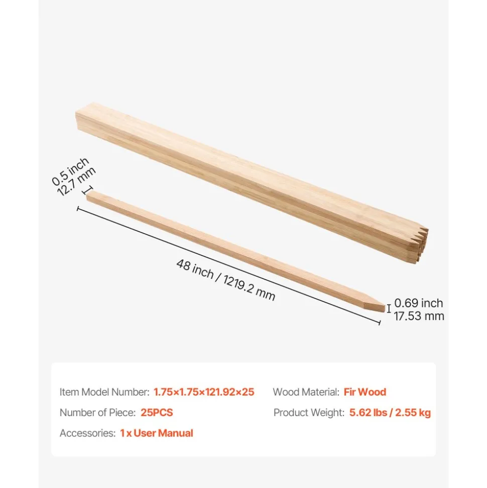 VEVOR Wooden Garden Stakes, 25 Pcs 48x0.5x0.69 in Survey Grading Stakes, Garden Ground Stake with Sharp Point, Fir Wood Plant Support Stake, Sign Posts for Silt Fence Backyard Boundaries Baselines