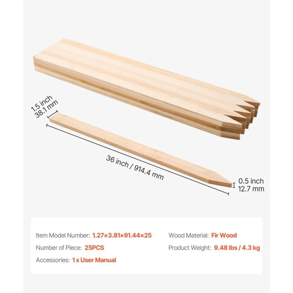 VEVOR Wooden Garden Stakes, 25 Pcs 36 x 0.5 x1.5 in Survey Grading Stakes, Garden Ground Stake with Sharp Point, Fir Wood Plant Support Stake, Sign Posts for Silt Fence Backyard Boundaries Baselines