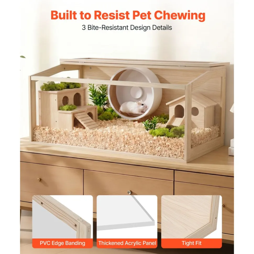 VEVOR Wooden Hamster Cage 48"x20.1"x20.1" 270° Viewing Hamster Habitat, Chewproof Acrylic Small Animal Cage with Openable Top, Large Pet Enclosure for Syrian/Dwarf Hamsters, Guinea Pigs & Gerbils