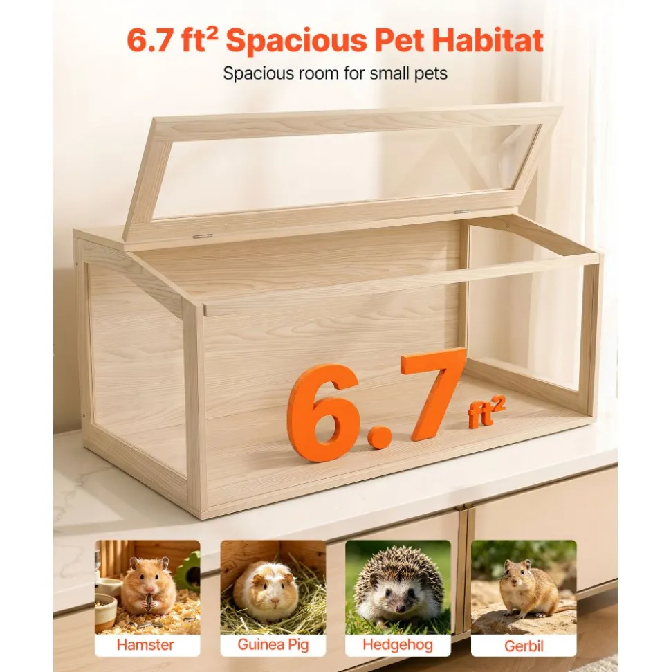 VEVOR Wooden Hamster Cage 48"x20.1"x20.1" 270° Viewing Hamster Habitat, Chewproof Acrylic Small Animal Cage with Openable Top, Large Pet Enclosure for Syrian/Dwarf Hamsters, Guinea Pigs & Gerbils