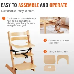 VEVOR Wooden High Chair for Babies & Toddlers, Convertible Adjustable Feeding Chair, Eat & Grow High Chair with Tray, Grow with Kid Portable Baby Dining Booster Seat, Beech Wood Toddler Chair, Natural