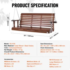 VEVOR Wooden Porch Swing 5.5 ft, Patio bench swing for Courtyard & Garden, Upgraded 880 lbs Strong Load Capacity, Heavy Duty Swing Chair Bench with Hanging Chains for Outdoors, Brown