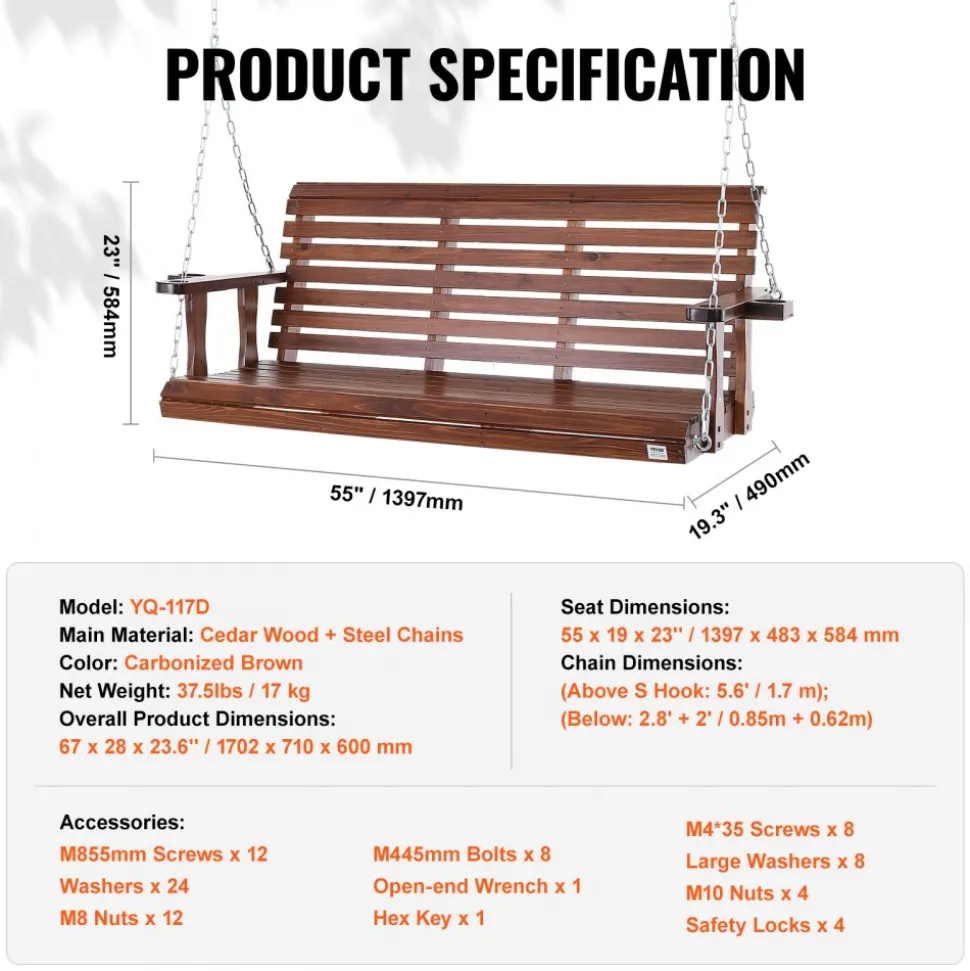 VEVOR Wooden Porch Swing 5.5 ft, Patio bench swing for Courtyard & Garden, Upgraded 880 lbs Strong Load Capacity, Heavy Duty Swing Chair Bench with Hanging Chains for Outdoors, Brown