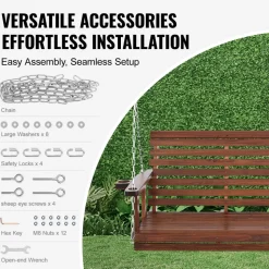 VEVOR Wooden Porch Swing 5.5 ft, Patio bench swing for Courtyard & Garden, Upgraded 880 lbs Strong Load Capacity, Heavy Duty Swing Chair Bench with Hanging Chains for Outdoors, Brown
