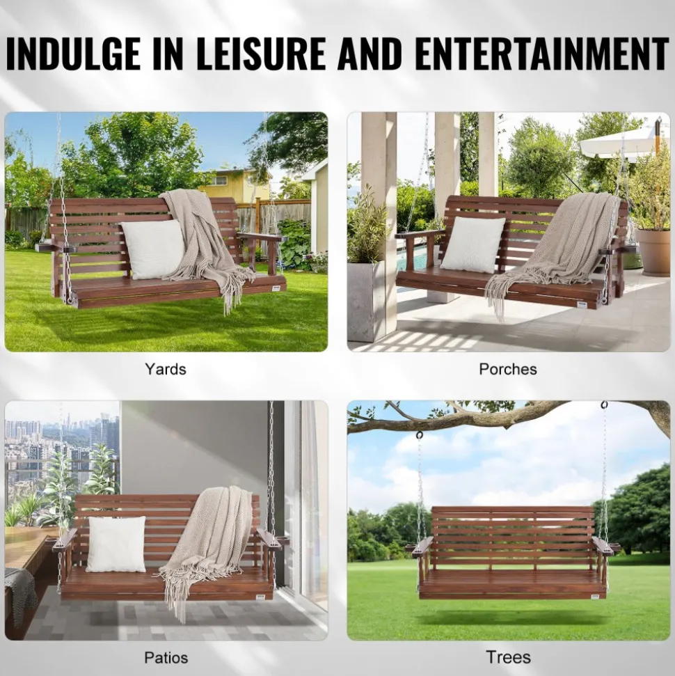 VEVOR Wooden Porch Swing 5.5 ft, Patio bench swing for Courtyard & Garden, Upgraded 880 lbs Strong Load Capacity, Heavy Duty Swing Chair Bench with Hanging Chains for Outdoors, Brown