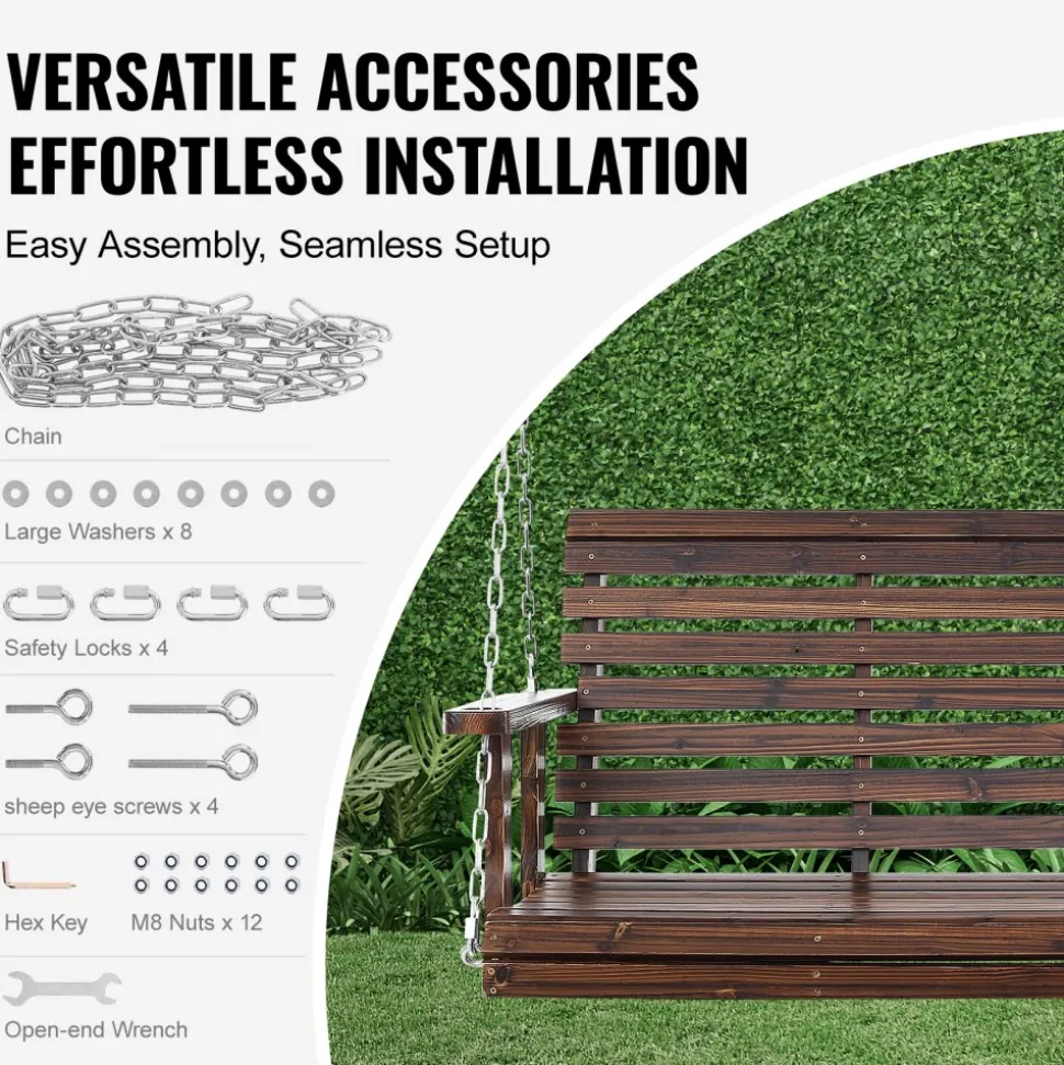 VEVOR Wooden Porch Swing 4.5 ft, Patio bench swing for Courtyard & Garden, Upgraded 880 lbs Strong Load Capacity, Heavy Duty Swing Chair Bench with Hanging Chains for Outdoors, Carbonized Brown