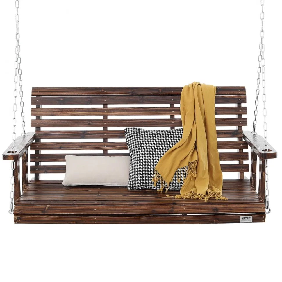 VEVOR Wooden Porch Swing 4.5 ft, Patio bench swing for Courtyard & Garden, Upgraded 880 lbs Strong Load Capacity, Heavy Duty Swing Chair Bench with Hanging Chains for Outdoors, Carbonized Brown