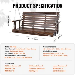 VEVOR Wooden Porch Swing 4.5 ft, Patio bench swing for Courtyard & Garden, Upgraded 880 lbs Strong Load Capacity, Heavy Duty Swing Chair Bench with Hanging Chains for Outdoors, Carbonized Brown