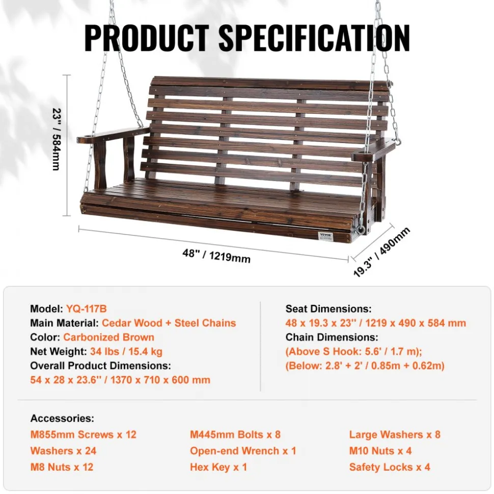 VEVOR Wooden Porch Swing 4.5 ft, Patio bench swing for Courtyard & Garden, Upgraded 880 lbs Strong Load Capacity, Heavy Duty Swing Chair Bench with Hanging Chains for Outdoors, Carbonized Brown