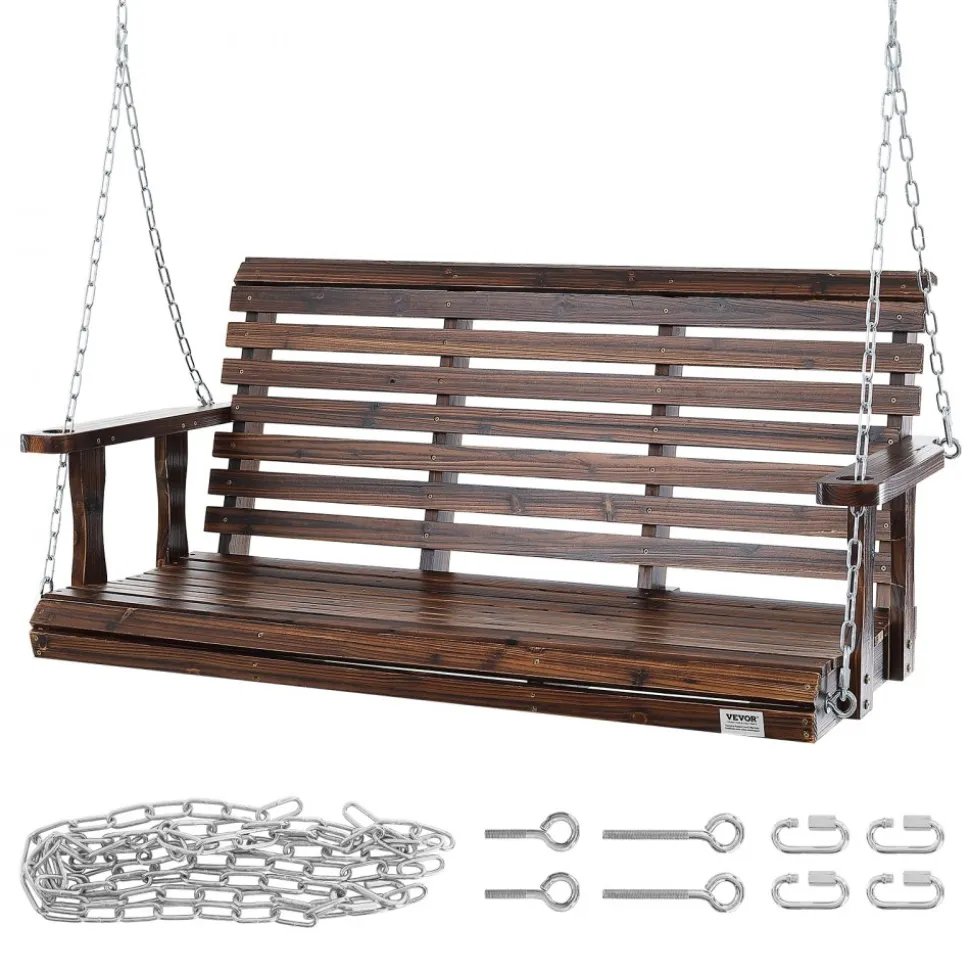 VEVOR Wooden Porch Swing 4.5 ft, Patio bench swing for Courtyard & Garden, Upgraded 880 lbs Strong Load Capacity, Heavy Duty Swing Chair Bench with Hanging Chains for Outdoors, Carbonized Brown