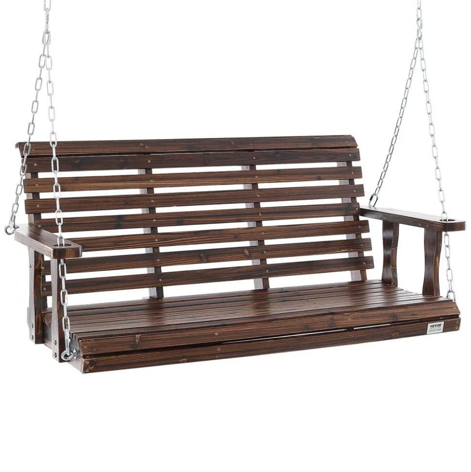 VEVOR Wooden Porch Swing 4.5 ft, Patio bench swing for Courtyard & Garden, Upgraded 880 lbs Strong Load Capacity, Heavy Duty Swing Chair Bench with Hanging Chains for Outdoors, Carbonized Brown