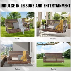 VEVOR Wooden Porch Swing 4.5 ft, Patio bench swing for Courtyard & Garden, Upgraded 880 lbs Strong Load Capacity, Heavy Duty Swing Chair Bench with Hanging Chains for Outdoors, Carbonized Brown