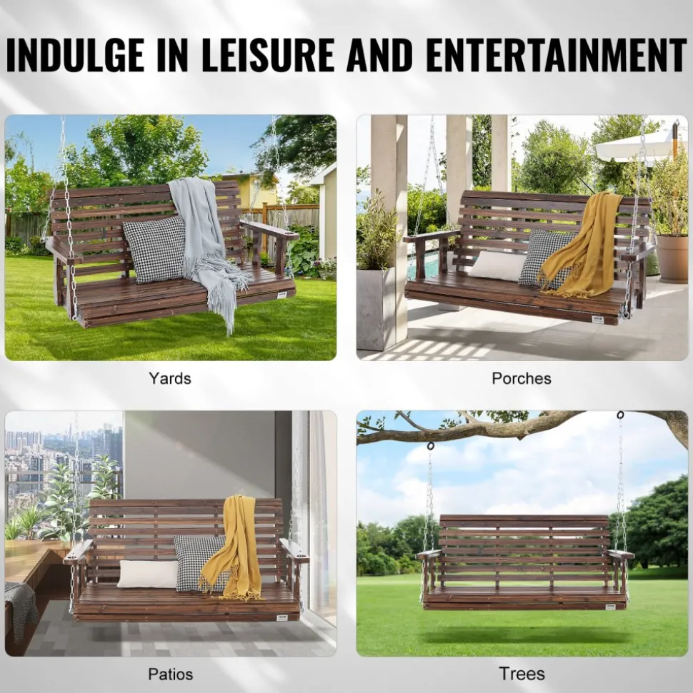 VEVOR Wooden Porch Swing 4.5 ft, Patio bench swing for Courtyard & Garden, Upgraded 880 lbs Strong Load Capacity, Heavy Duty Swing Chair Bench with Hanging Chains for Outdoors, Carbonized Brown