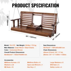 VEVOR Wooden Porch Swing 5 ft, Patio bench swing for Courtyard & Garden, Upgraded 880 lbs Strong Load Capacity, Heavy Duty Swing Chair Bench with Hanging Chains for Outdoors, Brown
