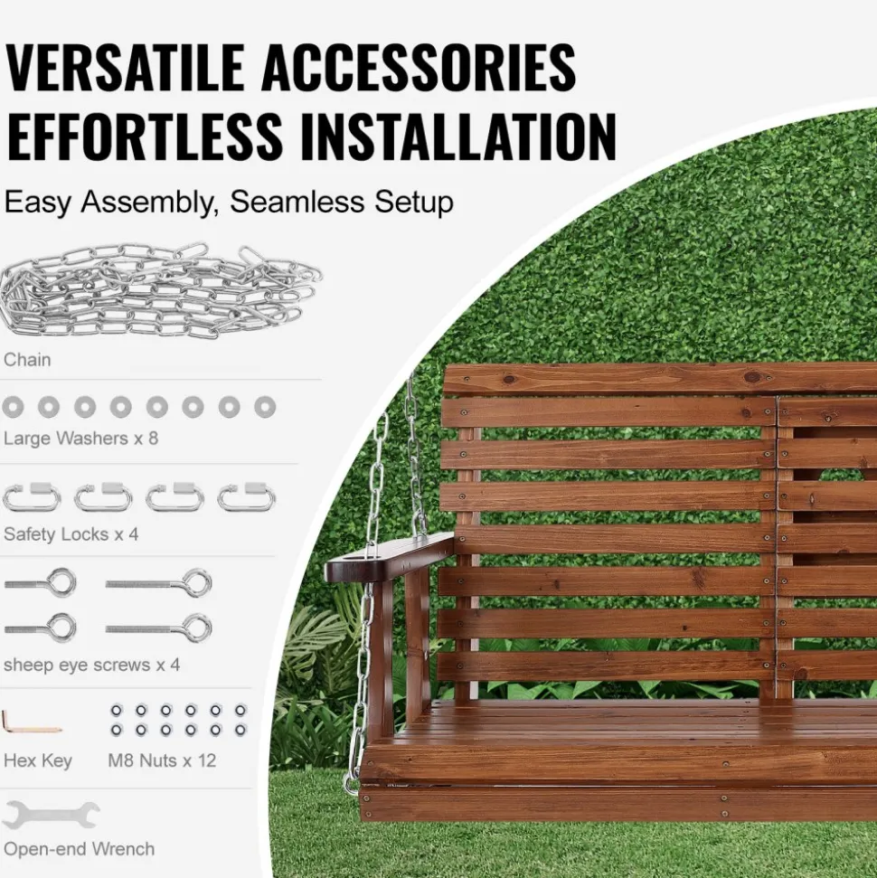 VEVOR Wooden Porch Swing 5 ft, Patio bench swing for Courtyard & Garden, Upgraded 880 lbs Strong Load Capacity, Heavy Duty Swing Chair Bench with Hanging Chains for Outdoors, Brown