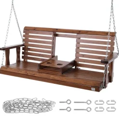 VEVOR Wooden Porch Swing 5 ft, Patio bench swing for Courtyard & Garden, Upgraded 880 lbs Strong Load Capacity, Heavy Duty Swing Chair Bench with Hanging Chains for Outdoors, Brown