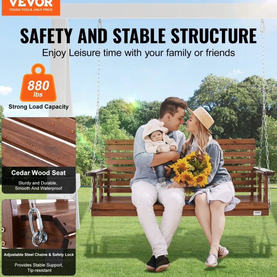VEVOR Wooden Porch Swing 5 ft, Patio bench swing for Courtyard & Garden, Upgraded 880 lbs Strong Load Capacity, Heavy Duty Swing Chair Bench with Hanging Chains for Outdoors, Brown