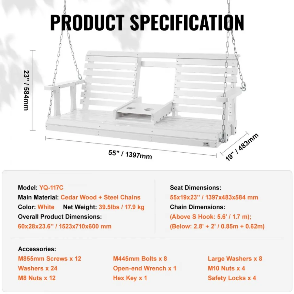VEVOR Wooden Porch Swing 5 ft, Patio bench swing for Courtyard & Garden, Upgraded 880 lbs Strong Load Capacity, Heavy Duty Swing Chair Bench with Hanging Chains for Outdoors, White