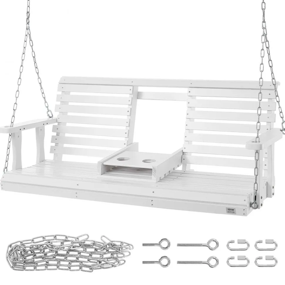 VEVOR Wooden Porch Swing 5 ft, Patio bench swing for Courtyard & Garden, Upgraded 880 lbs Strong Load Capacity, Heavy Duty Swing Chair Bench with Hanging Chains for Outdoors, White
