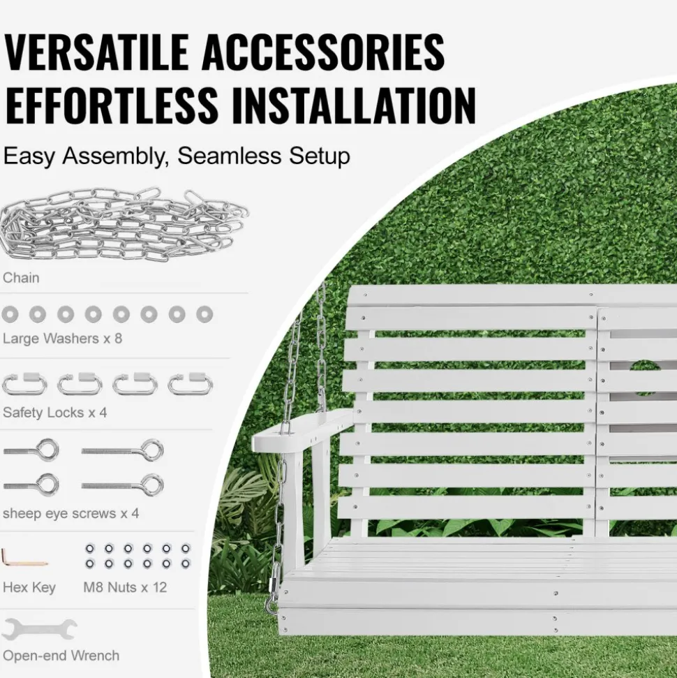 VEVOR Wooden Porch Swing 5 ft, Patio bench swing for Courtyard & Garden, Upgraded 880 lbs Strong Load Capacity, Heavy Duty Swing Chair Bench with Hanging Chains for Outdoors, White