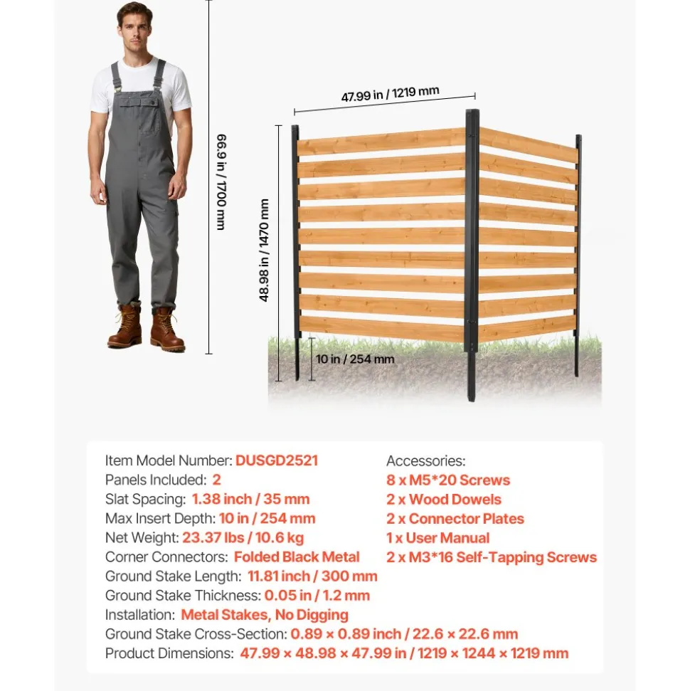 VEVOR Wooden Privacy Fence, 48 x 49 x 28 inch Air Conditioner Fence, 2 Panel Solid Outdoor Wood Privacy Screen with Metal Stakes, Steel Frame, Trash Can Hider Fences Suitable for Garden, Pool